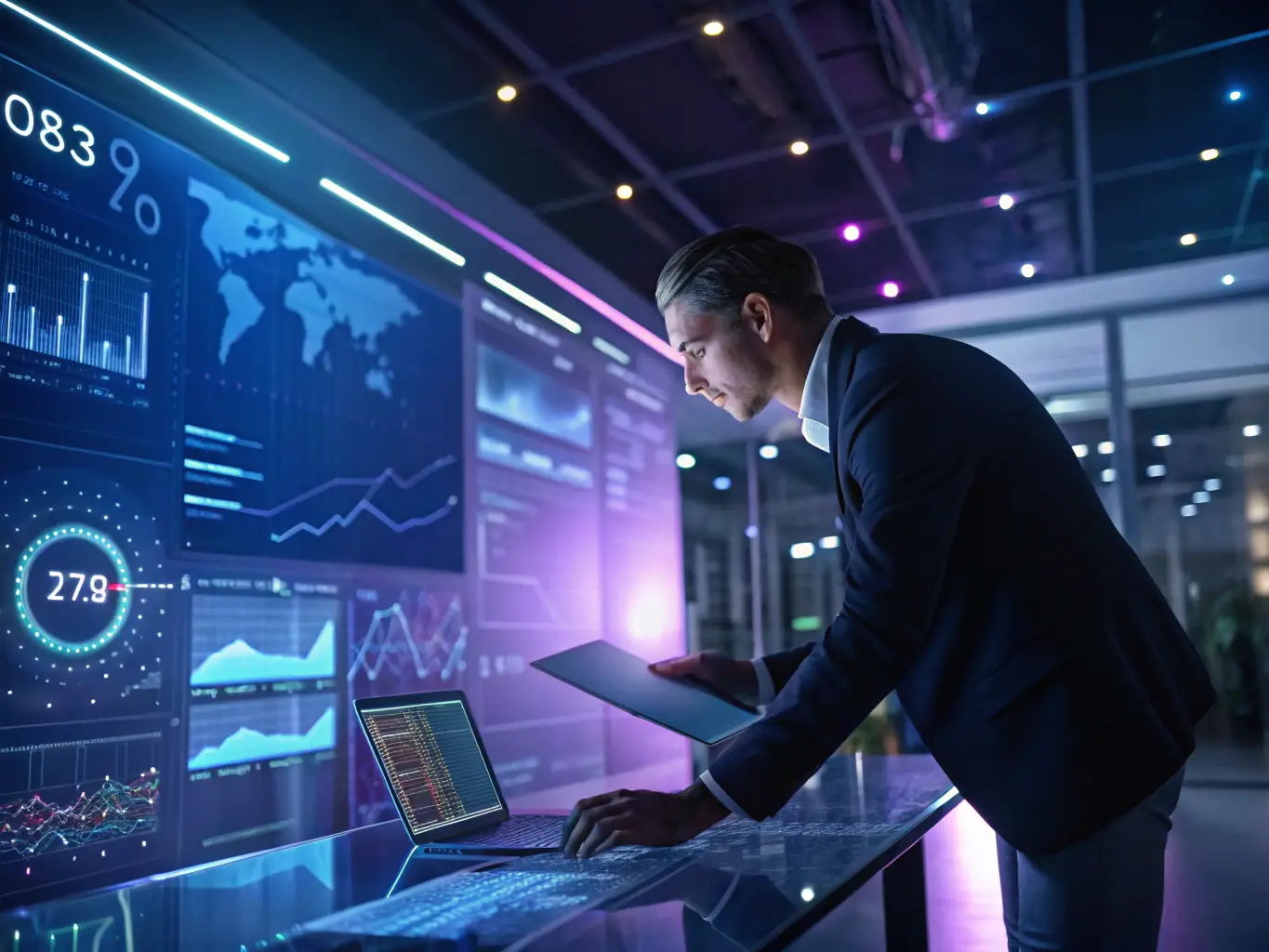 A digital illustration depicting a diverse group of business analysts collaborating around a holographic projection of customer data, highlighting AI-driven insights for churn reduction.
