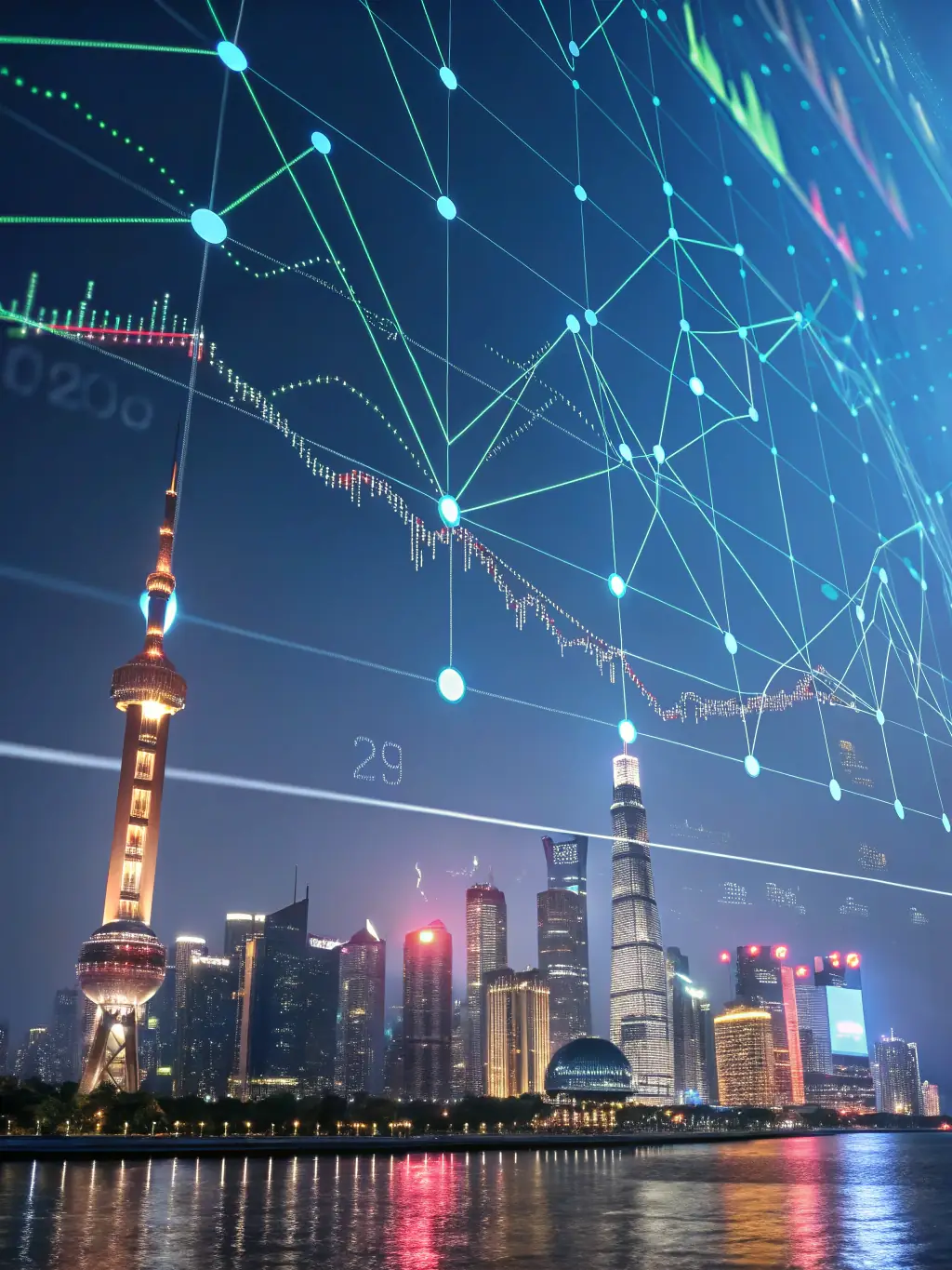 A digital illustration depicting a network of interconnected nodes representing market trends, with AI algorithms analyzing the data flow in real-time, set against a backdrop of financial charts and graphs.
